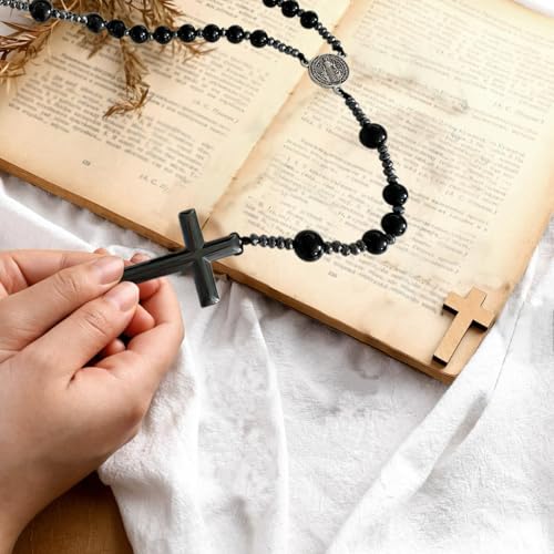Bovemee Saint Benedict Medal Prayer Pocket Rosary Catholic Brown Wood Beads with Medalla de san benitol and Crucifix, 9 Inch - color: Nature stone Black