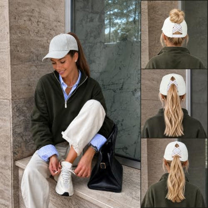 C.C Women's Criss-Cross Ponytail Trucker Hat - Snapback, One Size - color: Cotton Stripe-sage