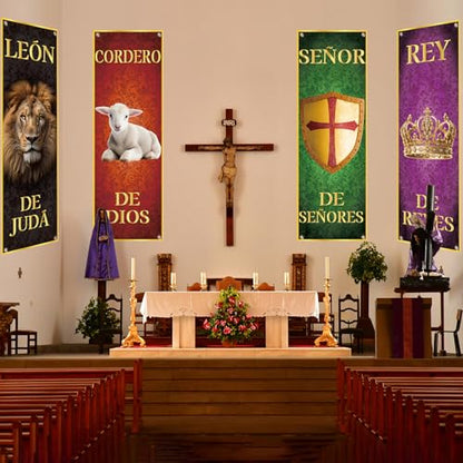 4Pcs Spanish Church Banners for Sanctuary Wall Worship Religious Banners Hanging Backdrop Christian Porch Signs Bible Verses Banner Scripture Hanging Signs for Church School Decor - style: Spanish Bible Verses