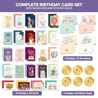 Decorably 24 Pack Gold Foil 4x6in Blank Happy Birthday Cards
