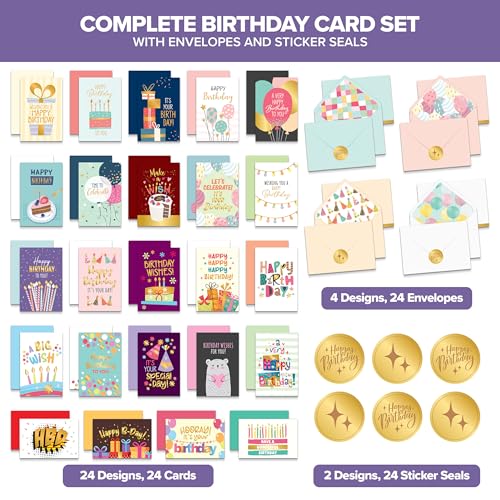 Decorably 24 Pack Gold Foil 4x6in Blank Happy Birthday Cards