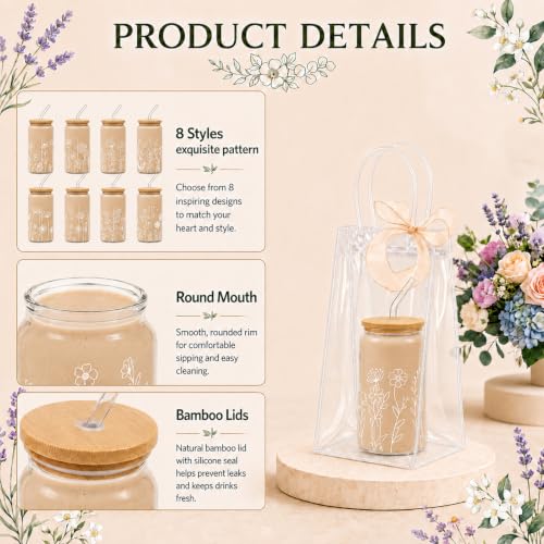 Iced Coffee Mugs, 8 Sets, Glass, 16 oz, Reusable, Floral White - color: White Floral