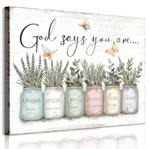 Inspirational Bible Verse Wall Art God Says You Are Sayings Wall Decort Christian Gift Quotes Painting scripture Pictures Print Flowers in Mason Jar Poster for Women Girls Bedroom(16x12 Canvas) - color: green-canvas, size: 16"L x 12"W