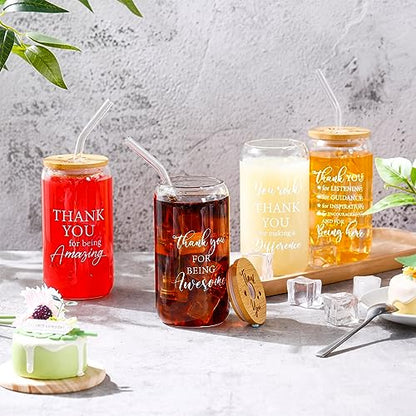 Tioncy 8 Pcs Employee Gifts 16oz Thank You Glass Cups Bamboo Lid Straw - style: Thank You