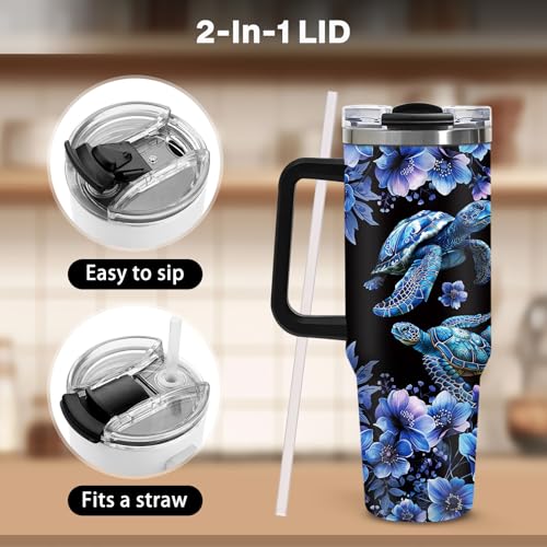 40oz Dark Mystical Sea Turtle Tumbler with Straw, Goth Blue Floral Ocean Gifts for Women Girls, Black Aesthetic Stainless Steel Insulated Travel Coffee Mug with for Teens Sister Cool Bestie Birthday - color: Sea Turtle-D-174