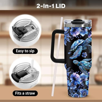 40oz Dark Mystical Sea Turtle Tumbler with Straw, Goth Blue Floral Ocean Gifts for Women Girls, Black Aesthetic Stainless Steel Insulated Travel Coffee Mug with for Teens Sister Cool Bestie Birthday - color: Sea Turtle-D-174