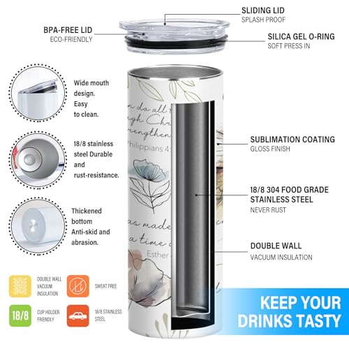 TUMBTU Christian Bible Verse Skinny Tumbler,Religious Tumbler for Women - color: White