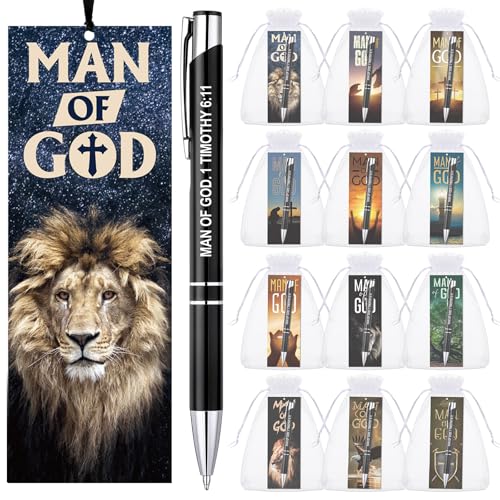 Supervitae 12 Sets Man of God Gifts for Men Included 12 Christian Ballpoint Pens 24 Bible Verse Bookmark Church Gifts Bulk for Men Dad Religious Party Favors Christian Gift