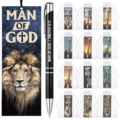 Supervitae 12 Sets Man of God Gifts for Men Included 12 Christian Ballpoint Pens 24 Bible Verse Bookmark Church Gifts Bulk for Men Dad Religious Party Favors Christian Gift