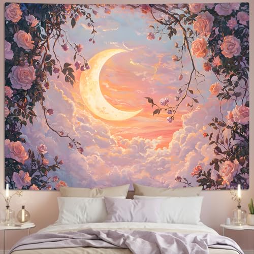 Lifeel Moon Pink Cloud Tapestry, Natural Landscape Romantic Fairy Pastel Rose Tapestries Wall Hanging for Girls Women Bedroom Home Decor, 36x48 inches - color: Pink, size: 48"L x 36"W
