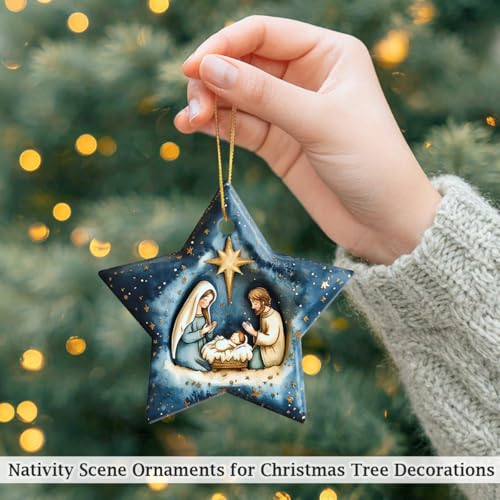 Nativity Scene Ornaments for Christmas Tree Decorations – Ceramic Star-Shaped Religious Christmas Ornaments with Holy Family & Bethlehem Star – Nativity Ornament