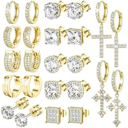 NEWITIN 12 Pairs Silver Earrings for Men Women Halo Stud Earring Set - color: Gold A