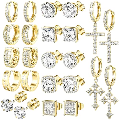 NEWITIN 12 Pairs Silver Earrings for Men Women Halo Stud Earring Set - color: Gold A