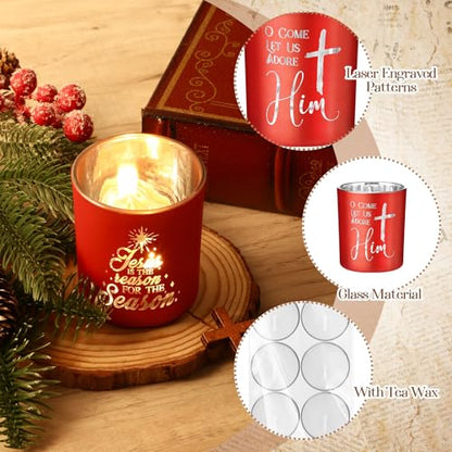 Mumufy Set of 6 Christmas Nativity Votive Candle Holders with 10 Candles Advent Tealight Holders Red Christmas Glass Centerpiece for Xmas Table Decoration Home Party Wedding