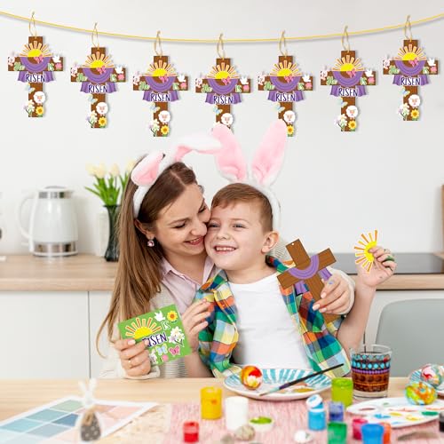Haooryx Easter He is Risen Cross Craft Kit - 28 Pack Make Your Own Jesus Resurrection Cross Hanging Ornaments Thankful Craft for Church Sunday School Classroom Christian Easter Day Party Supply - style: He is Risen Cross