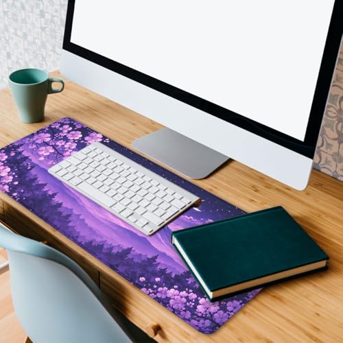 Cherry Blossoms Mouse Pad Mount Fuji Purple Sky Extended Mousepad Waterproof Stitched Edges Rubber Base Non-Slip Deskmap Computer Keyboard Mat 31.5x11.8 Inch - color: Cherry Blossoms, size: 31.5" x 11.8"