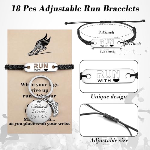Huquary 18 Sets Cross Country Gift Bulk Run Gift for Runner Stainless Steel Run Keychain Adjustable Running Bracelets Charm with Cards and Organza Bags for Women Men Marathon Christmas Birthday Team