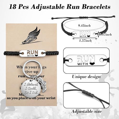 Huquary 18 Sets Cross Country Gift Bulk Run Gift for Runner Stainless Steel Run Keychain Adjustable Running Bracelets Charm with Cards and Organza Bags for Women Men Marathon Christmas Birthday Team