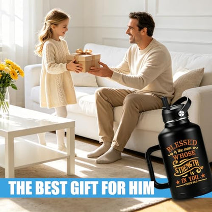 Christian Art Gifts for Men Women 64 oz Water Bottle Insulated with Straw and Handle Jesus Gift Mug Double Wall Vacuum Travel Tumbler Coffee Mug Religious Gifts - Blessed Is The Man - Psalm 84:5 - color: Christian-1