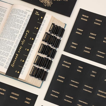 Laminated Bible Tabs, Gold Foil Embossed Lettering Bible Index Tabs for Women Men, Reposition Large Print Sticky Labels, Easy to Read and Apply, 105 Labels for Easy Navigation, Black - style: Gold Foil Black
