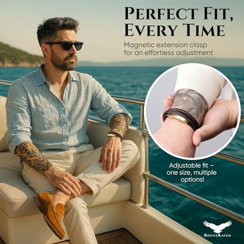 RogueRaven Black Leather Bracelet for Men – Premium Collection – Brown Black Gold Silver | Genuine Leather Mens Bracelet with Stainless Steel Clasp [Adjustable] | In Luxury Gift Box - color: Brown gold