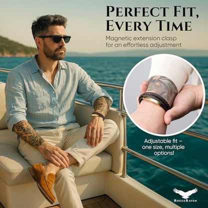RogueRaven Black Leather Bracelet for Men – Premium Collection – Brown Black Gold Silver | Genuine Leather Mens Bracelet with Stainless Steel Clasp [Adjustable] | In Luxury Gift Box - color: Brown gold