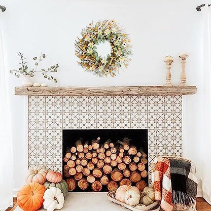 idyllic 22 Inches Spring Wreath for Front Door with Yellow and White Daisies Flowers, Ear of Wheat, Green Leaves, Fall Harvest Wreath for Festival Thanksgiving Farmhouse Wall Home Decor - size: 22 Inch