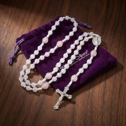 Nazareth Store 8mm White Jade & 10mm Natural Stone Beads Rosary Necklace St. Miraculous Medal & Cross Crucifix Catholic Prayer Beads Religious Jewelry - color: Pink Quartz