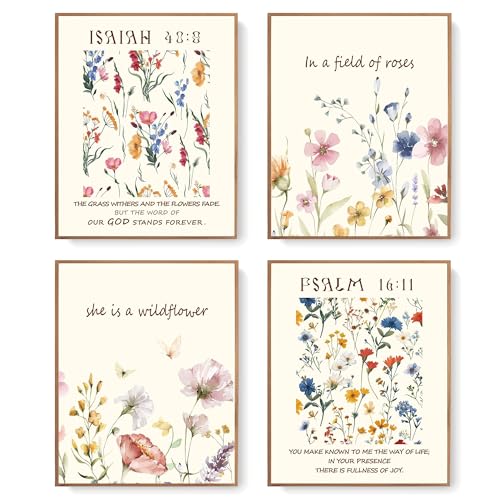 LARTSFRO Bible Wildflower Christian Wall Art Prints, Scripture Art Wall Decor, Floral Bible Verse Poster, Christian Poster Gifts, Posters for Room Aesthetic, 10x8 Inch Set of 4 Unframed - color: wildflower bible