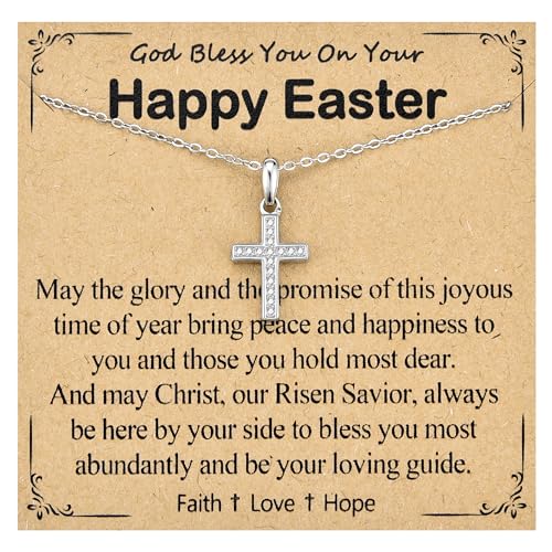 Cross Necklace for Girls Women, Baptism Easter First Communion Confirmation Gifts - 16"+2" Silver Plated Tiny Cross Necklace, Religious Jewelry Gifts for Daughter Granddaughter Goddaughter - style: Happy Easter
