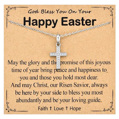 Cross Necklace for Girls Women, Baptism Easter First Communion Confirmation Gifts - 16"+2" Silver Plated Tiny Cross Necklace, Religious Jewelry Gifts for Daughter Granddaughter Goddaughter - style: Happy Easter