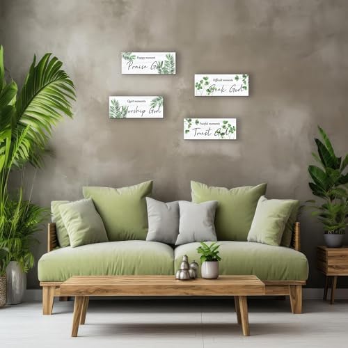 ONIZHITY 4 Pcs Green Bathroom Decor Religious Farmhouse Wall Art Inspirational Bible Verse Green Leaf Rustic Wooden Christian Sign for Home Bathroom Office Bedroom Living Room Kitchen(Green 10x4)