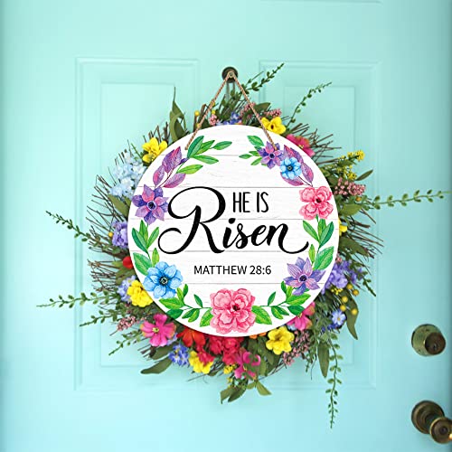 FLYAB He is Risen Decor Sign Wreath for Front Door 11.5" Religious Easter Door Decorations Farmhouse He is Risen Christian Easter Hanger Sign for Home Front Door Wall Spring Decorations