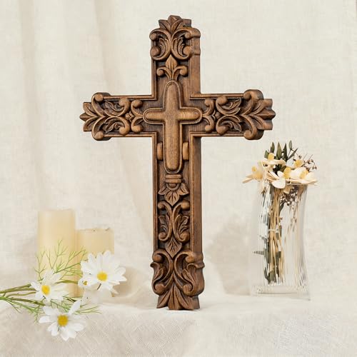 Handcrafted Wooden Wall Cross with Ornate Lily Flower Carved Design - size: 10"L x 7"W