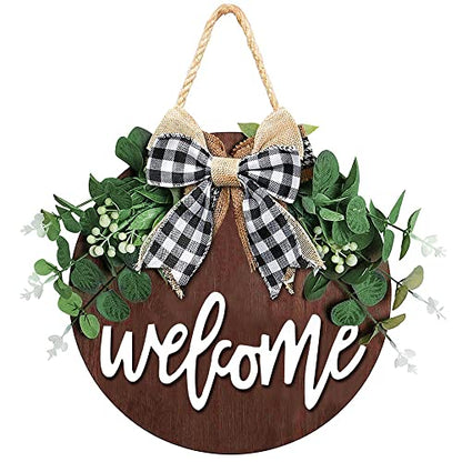 Welcome Sign for Front Door, 12 Inch Round Wood Wreath