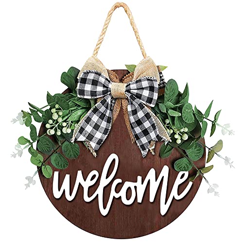Welcome Sign for Front Door, 12 Inch Round Wood Wreath