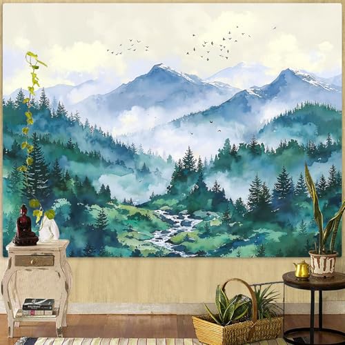 Haibimen Monet Nature Mountain Tapestry Wall Hanging Green Forest Stream Birds Landscape tapestrise for Bedroom Watercolor Aesthetic Wall Decor for Living Room Dorm (forest-3, 60''×44'') - color: green white, size: 60"L x 44"W