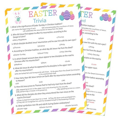 Easter Trivia Party Game, 25 Pcs Easter Bunny Quiz Cards for Group Party Activities Favors, Religious Game for Sunday School Family Party Activities Favors