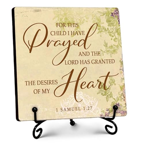 Vintage Nursery Decor for Kids, For This Child We Have Prayed Sign, Bible Verse Small Wooden Plaque for Shelves Nursery Kids Room Bedroom, Baby Nursery Decor, 5''x5''-B11 - color: Retro-1
