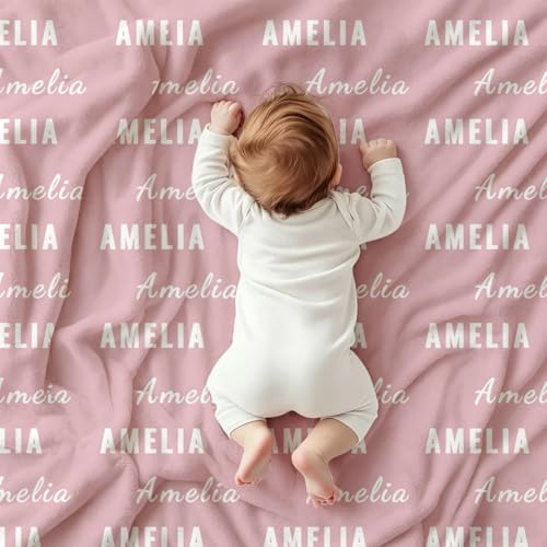 Ships Next Day, Personalized Baby Blanket with Name - Custom Newborn Hospital Swaddle Blanket, Super Soft Plush Flannel Baby Gift for Birth Announcement Shower Easter Gifts for Toddler Kids - color: Pink 2