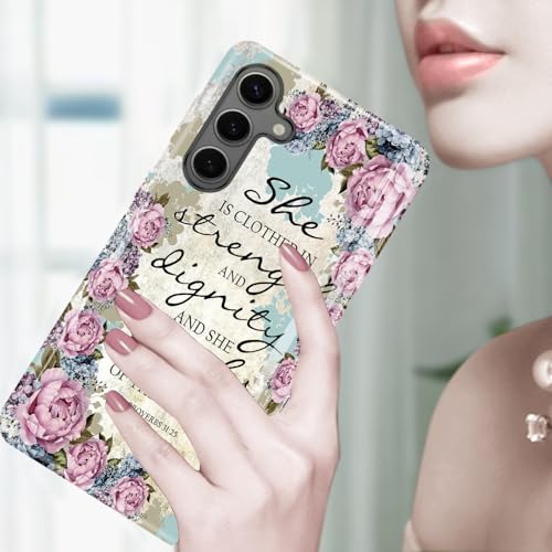 Compatible for Samsung Galaxy S24 Plus 5G Case, 2 Layer Hard Shell Silicone Cover 2 in 1 Shockproof Protective Phone Case,Bible Verse Proverbs 31:25,Purple Flowers - color: Bible Verse Proverbs 31:25,Purple Flowers, size: S24 Plus