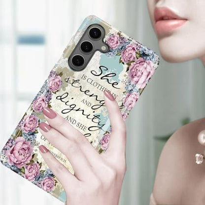 Compatible for Samsung Galaxy S24 Plus 5G Case, 2 Layer Hard Shell Silicone Cover 2 in 1 Shockproof Protective Phone Case,Bible Verse Proverbs 31:25,Purple Flowers - color: Bible Verse Proverbs 31:25,Purple Flowers, size: S24 Plus