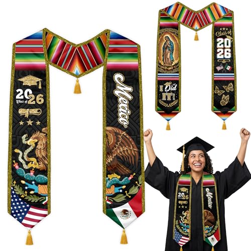 Graduation Stole Class of 2026 Reversible Sash with Gold Glitter Trim and Tassels V-Neck 72 Inch Satin - color: Mexico & America