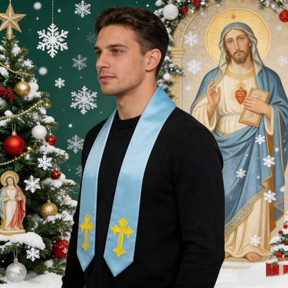 Choir Stole with Cross Embroidery for Church, Ideal for Costume,72" - color: Sky Blue