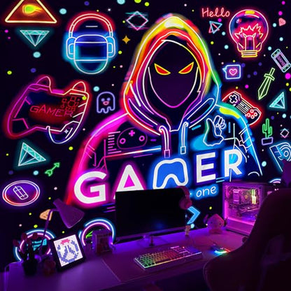 Apdidl Blacklight Gaming Wall Tapestry, Black Light UV Game Player Posters - color: Gamer Blacklight Tapestry, size: 60"L x 51"W