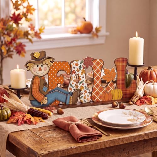 Yousoontic Fall Scarecrow Table Decorations Wooden Autumn Table Centerpieces Farmhouse Pumkin Maple Leaves Tabletop for Home Harvest Thanksgiving Kitchen Office(Fall) - style: Fall