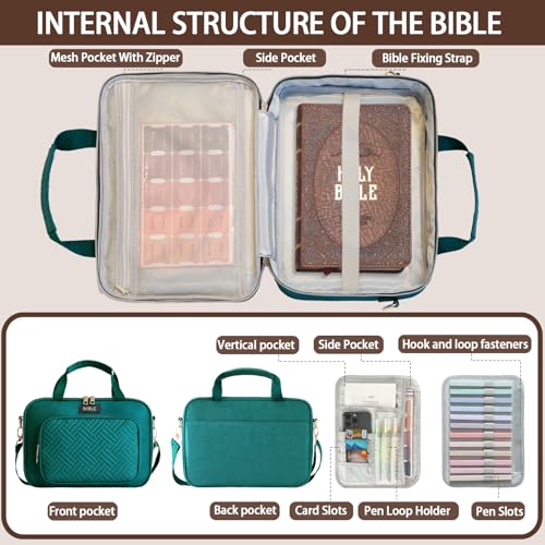 Bible Cover for Women Bible Case, Large Bible Bag, Bible Study Supplies Bible Journaling Kit Book Carrying Case with Bible Highlighters Tabs, Valentines Day Christian Gifts for Women (Green) - color: Green