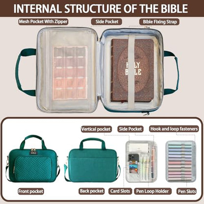 Bible Cover for Women Bible Case, Large Bible Bag, Bible Study Supplies Bible Journaling Kit Book Carrying Case with Bible Highlighters Tabs, Valentines Day Christian Gifts for Women (Green) - color: Green