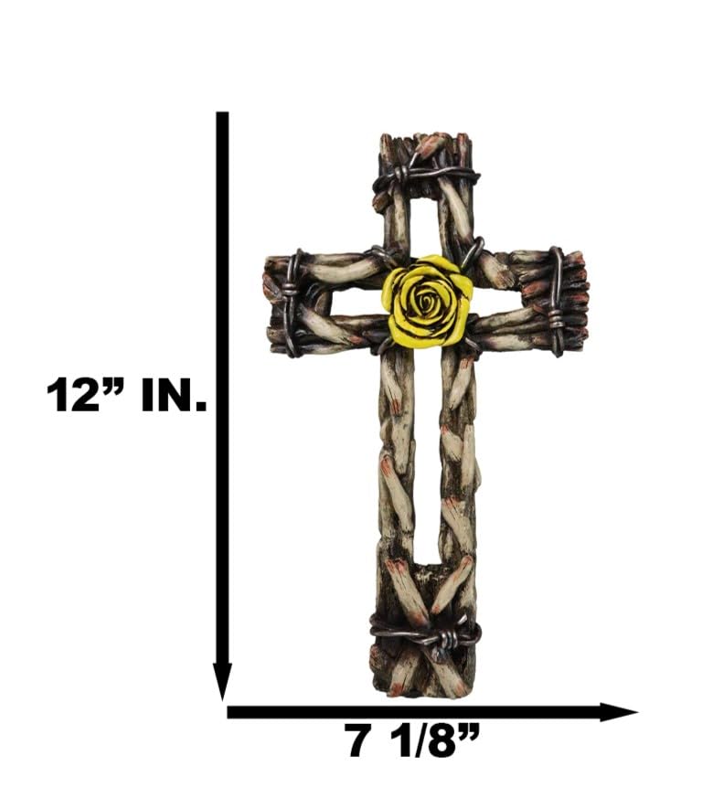 Ebros Gift Rustic Western Yellow Rose with Distressed Faux Wood and Barbed Wires Decorative Wall Cross Plaque Figurine Inspirational Home Accent