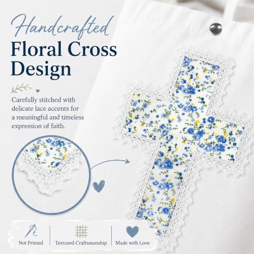 Christian Tote Bag Gift for Women, Canvas Bible Bag Handmade Floral Cross - color: White-forget Me Not